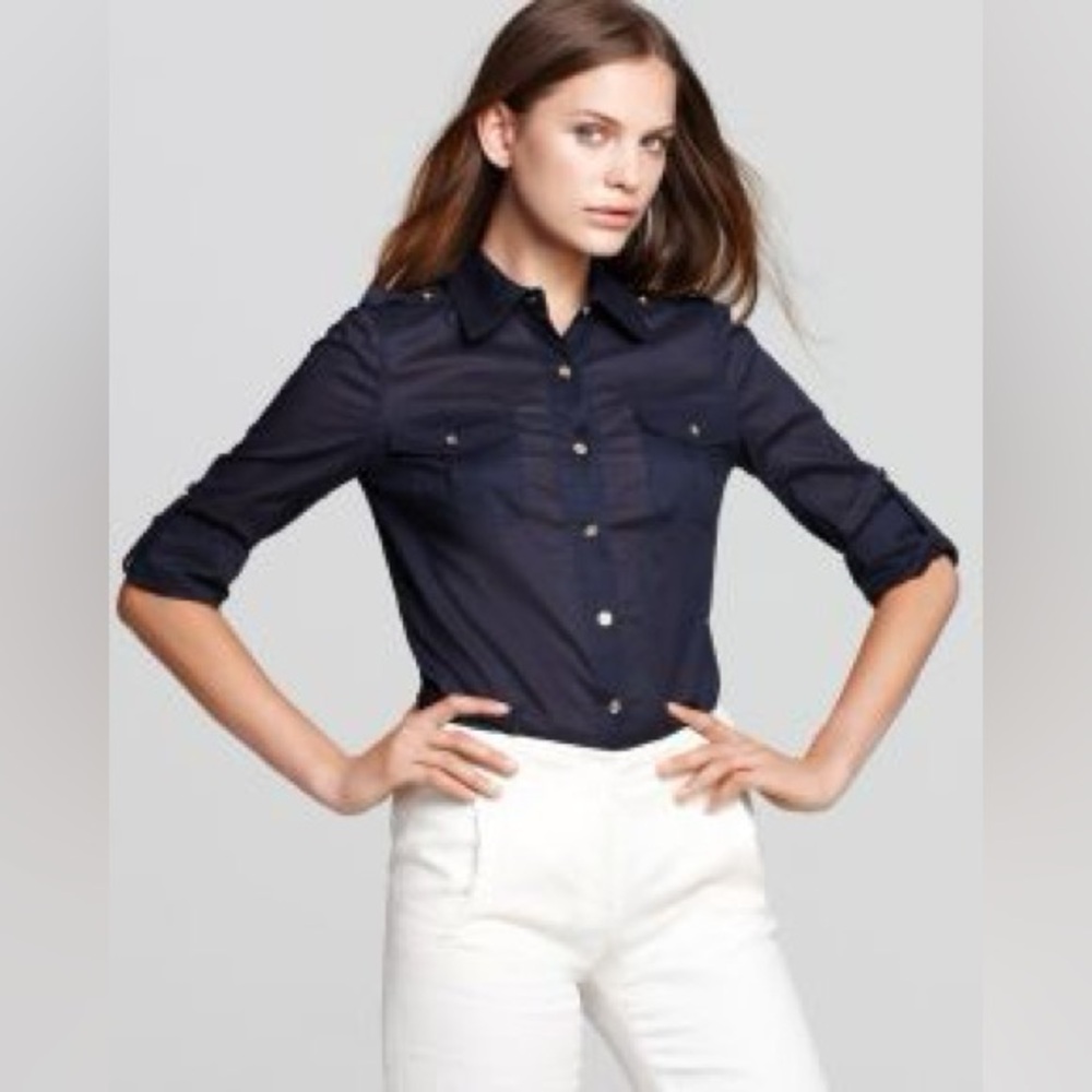 Tory Burch Brigitte navy cotton chiffon button front blouse roll tab long sleeve